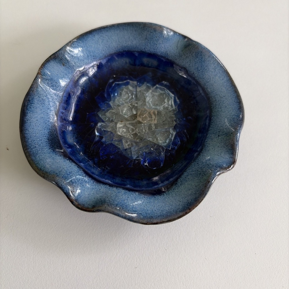 Down To Earth Pottery Style Trinket Dish Recycled Fused Crackle Glass Blue